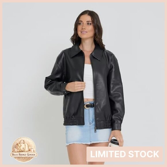 Oversized Faux Leather Bomber Jacket Classic Moto Style Chic Retro - Picture 4 of 8